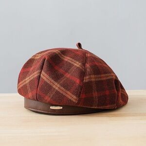 Plaid Wool Beret - Red and Brown